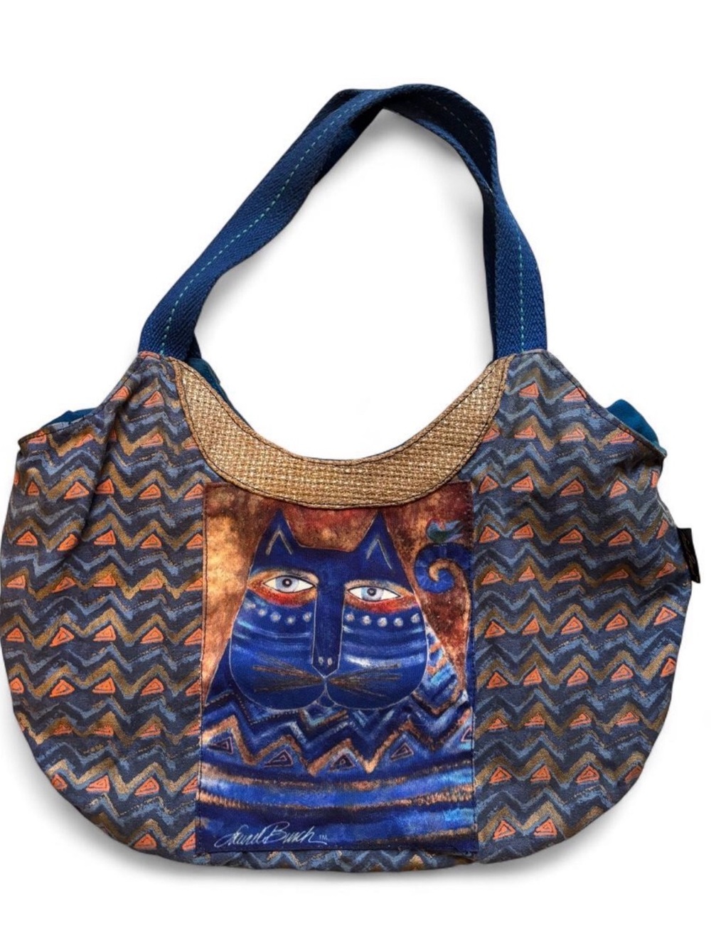 Laurel Burch Canvas Tote Bag Blue Indigo Cat Folk Art Shoulder Bag